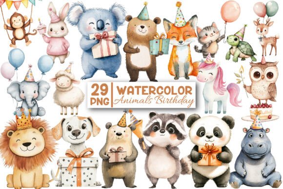 Download Watercolor Animals Birthday Clipart - Day Collection
