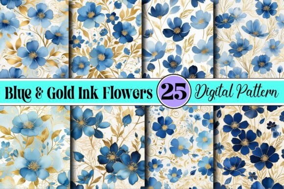 Download Blue &amp; Gold Ink Flowers Papers Pattern - Premium Resources